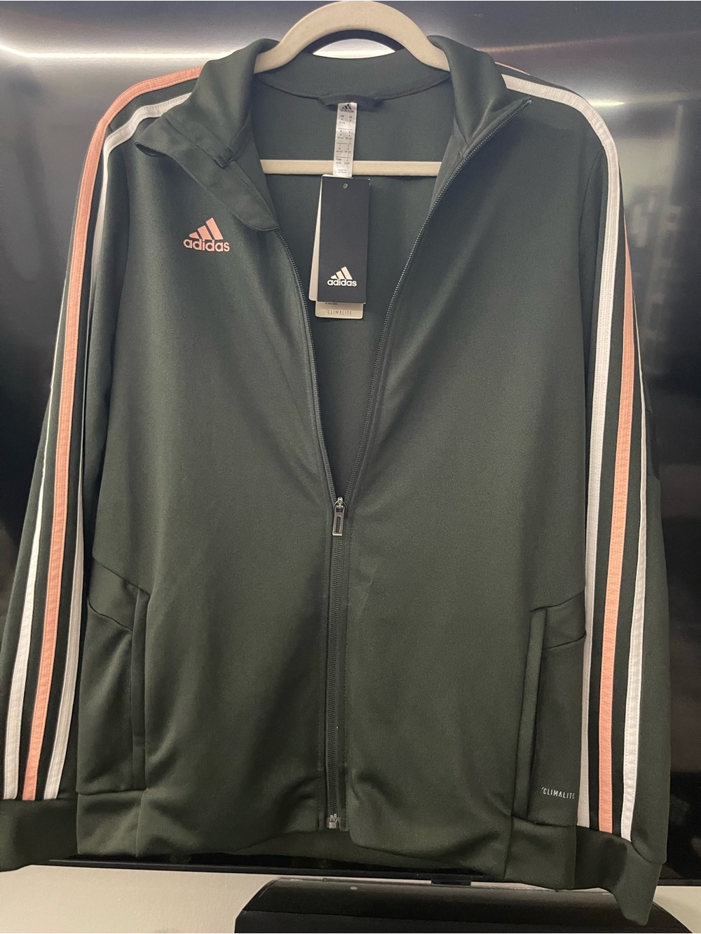 adidas Olive Green Track Jacket with Pink & White Stripe